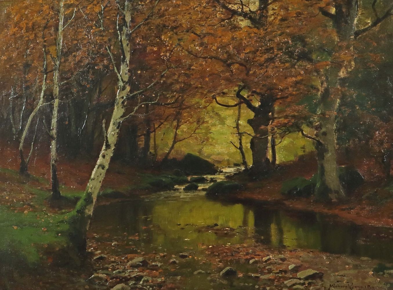 "Bachlauf im Wald", Blick zwischen herbstliche Bäume auf einen fließenden Bach, unten rechts sign. - Konrad Alexander Müller-Kurzwelly