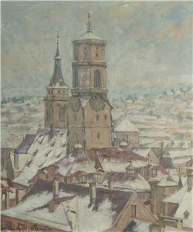 "Stiftskirche Stuttgart", Blick auf das verschneite Stadtzentrum, stilisierte Darstellung, unten links sign. - Leo Hubert Braun