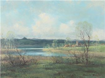 &quot;Seenlandschaft&quot;, rechtsseitig Dorf mit Kirchturm, unten rechts sign. - Hans Baier