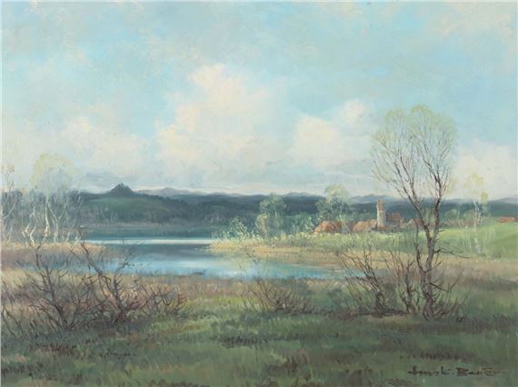 "Seenlandschaft", rechtsseitig Dorf mit Kirchturm, unten rechts sign. - Hans Baier