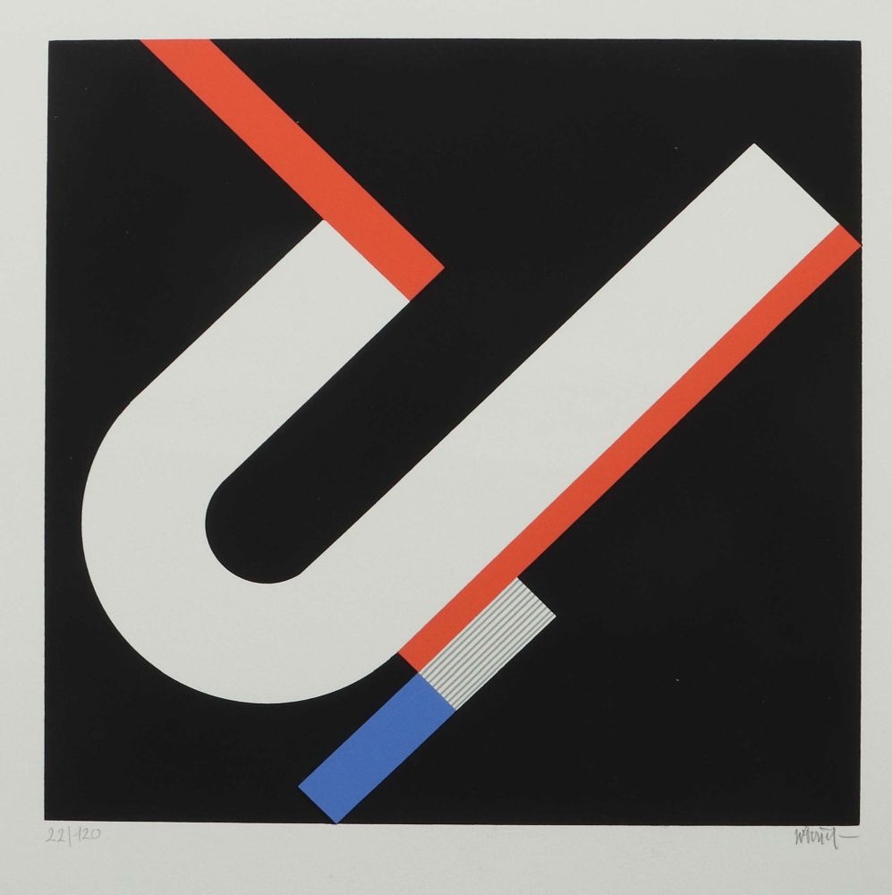 "Das schräge U", 1971, abstrakte Figuration in Weiß, Rot und Blau auf schwarzem Grund, unten rechts von Hand mit Bleistift sign. - Walter Dexel