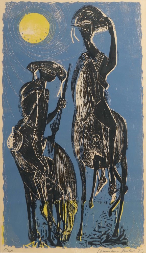 "Cavaleiro - Grüßende Reiter", Darstellung zweier bewaffneter grüßender Reiter bei strahlender Sonne, unten rechts sign. - Hansen-Bahia