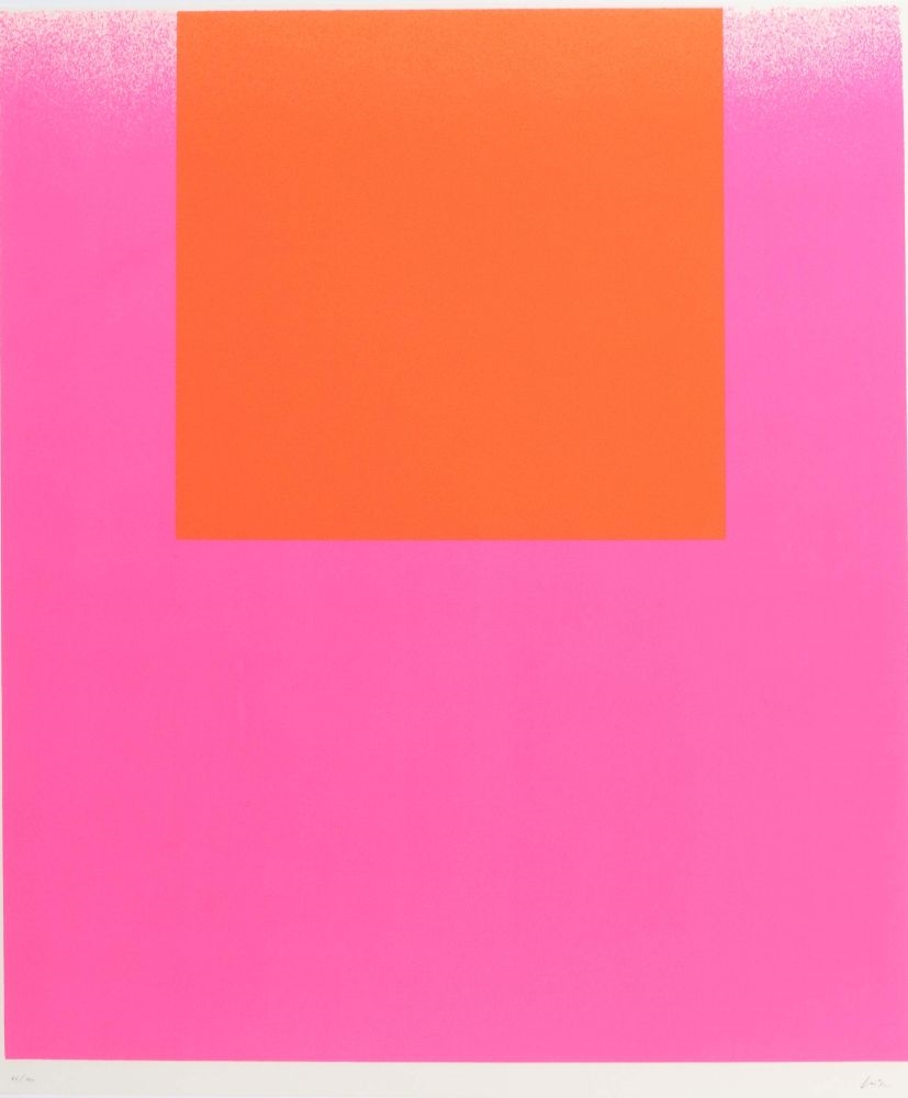 "Verlauf mit Spritzer auf weiß", 1967 Farbkomposition in Pink und Orange, unten rechts mit Bleistift von Hand sign. - Rupprecht Geiger