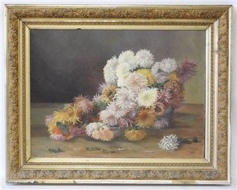 Hervé THIBAULT - Late 19th - Early 20th century Bouquet of chrysanthemums on an entablature - Herve Thibault