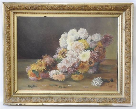 Hervé THIBAULT - Late 19th - Early 20th century Bouquet of chrysanthemums on an entablature by Herve Thibault, dated 1894