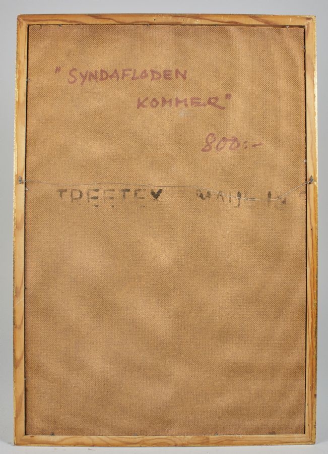 Artwork by Kurt Björkegren, Sweden. "Syndafloden kommer". Signed. Oil on panel, Made of Oil on panel