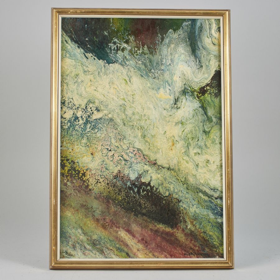 Artwork by Kurt Björkegren, Sweden. "Syndafloden kommer". Signed. Oil on panel, Made of Oil on panel