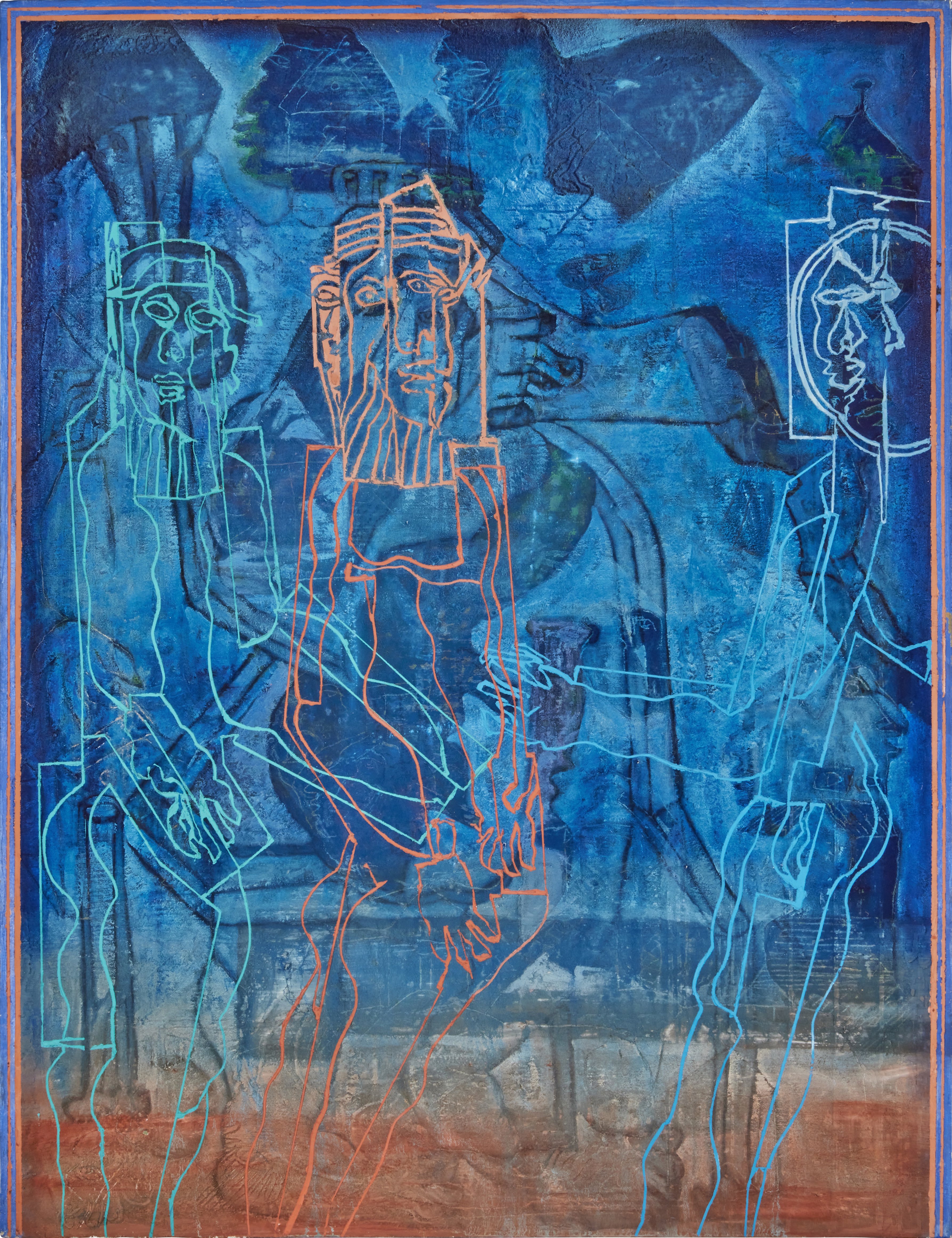 Artwork by Mohan Samant, Three Priests, Made of Mixed media on canvas