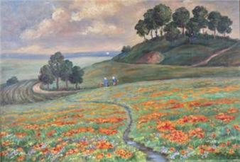 Landschaft mit Mohnblumen und zwei Bäuerinnen am See - Anna Stobitzer
