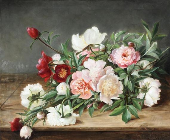 Still life with a bouquet of flowers on a table by Julie Hamann, 1899