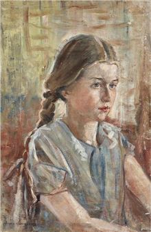 Portrait of a girl with a long plait and a light blue dress - Anna Wengberg