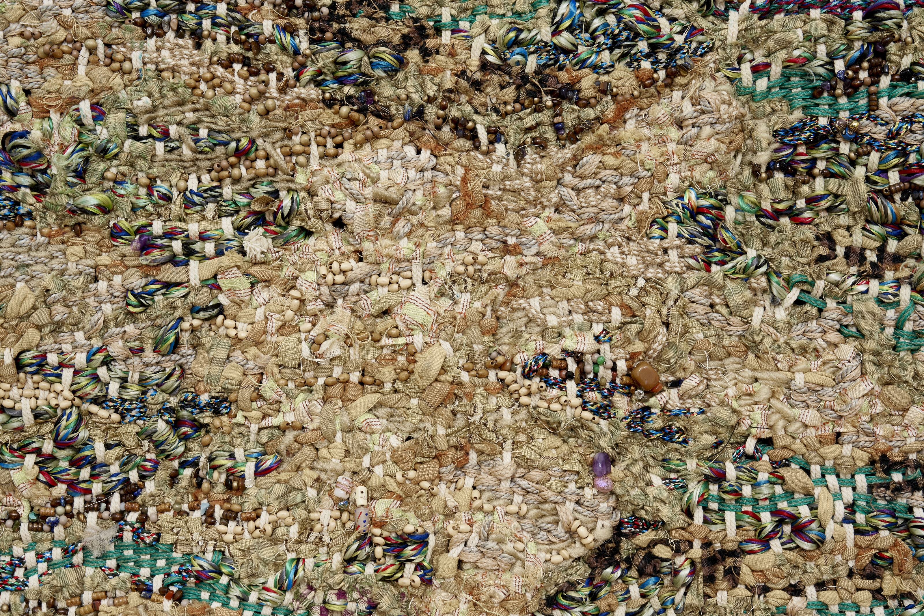 Artwork by Igshaan Adams, Study for Kicking Dust, Made of cotton twine, nylon, polyester, mixed braid and braid jute cotton rope, plastic, stone, glass and wooden beads, cotton fabric and tiger tail wire