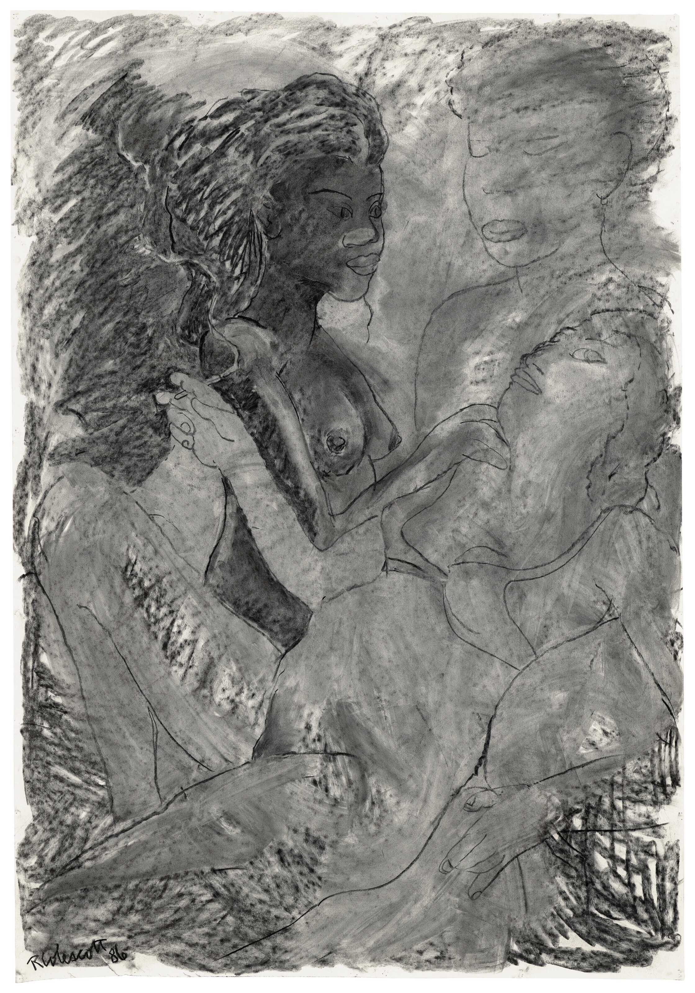 Artwork by Robert Colescott, Ladies in Waiting, Made of charcoal on paper