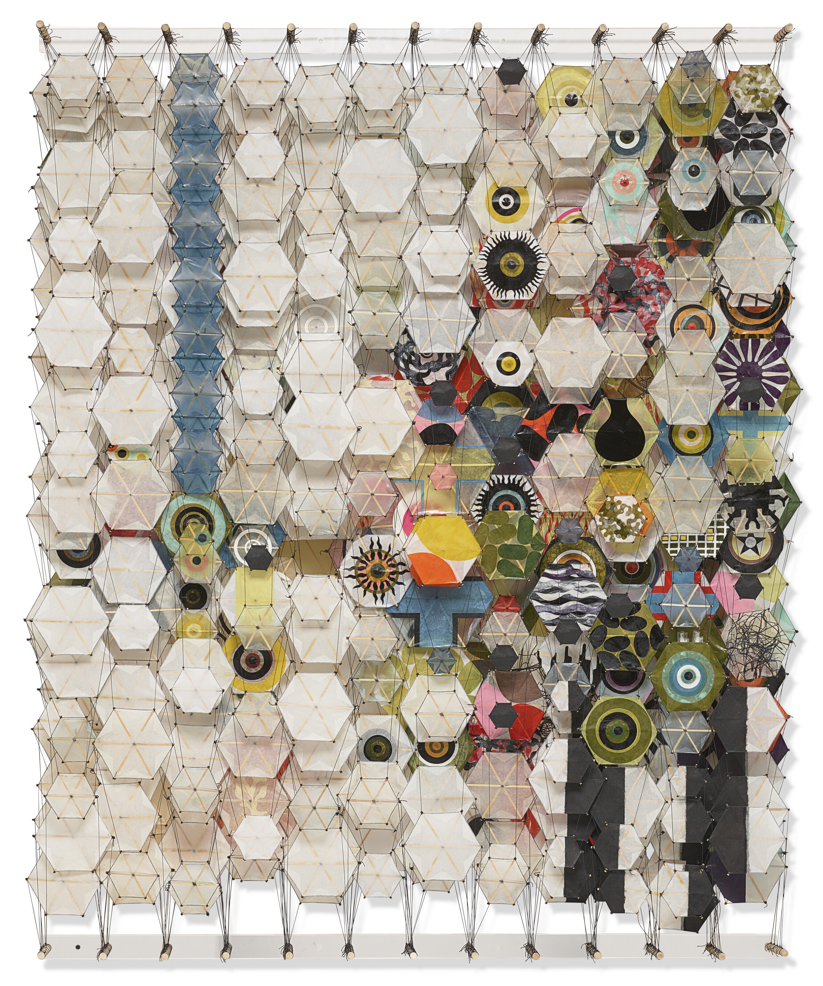 Artwork by Jacob Hashimoto, I Dreamt of the Slightest Sliver of Sky, Made of acrylic, nylon thread, paper and wood