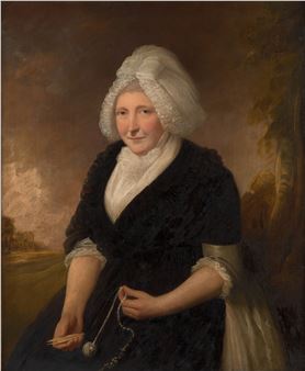 Portrait of Mrs Salisbury, three-quarter length seated before a landscape, wearing a black dress and white accompaniments - John Cranch