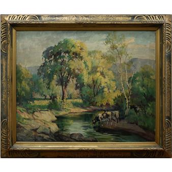 A pastoral landscape painting featuring a river, trees, and grazing cattle.