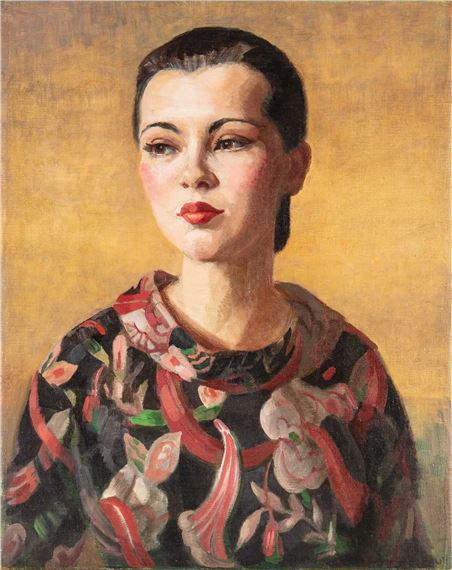 PORTRAIT OF A WOMAN WEARING A FLORAL DRESS by Hedwig Esther Pilitz