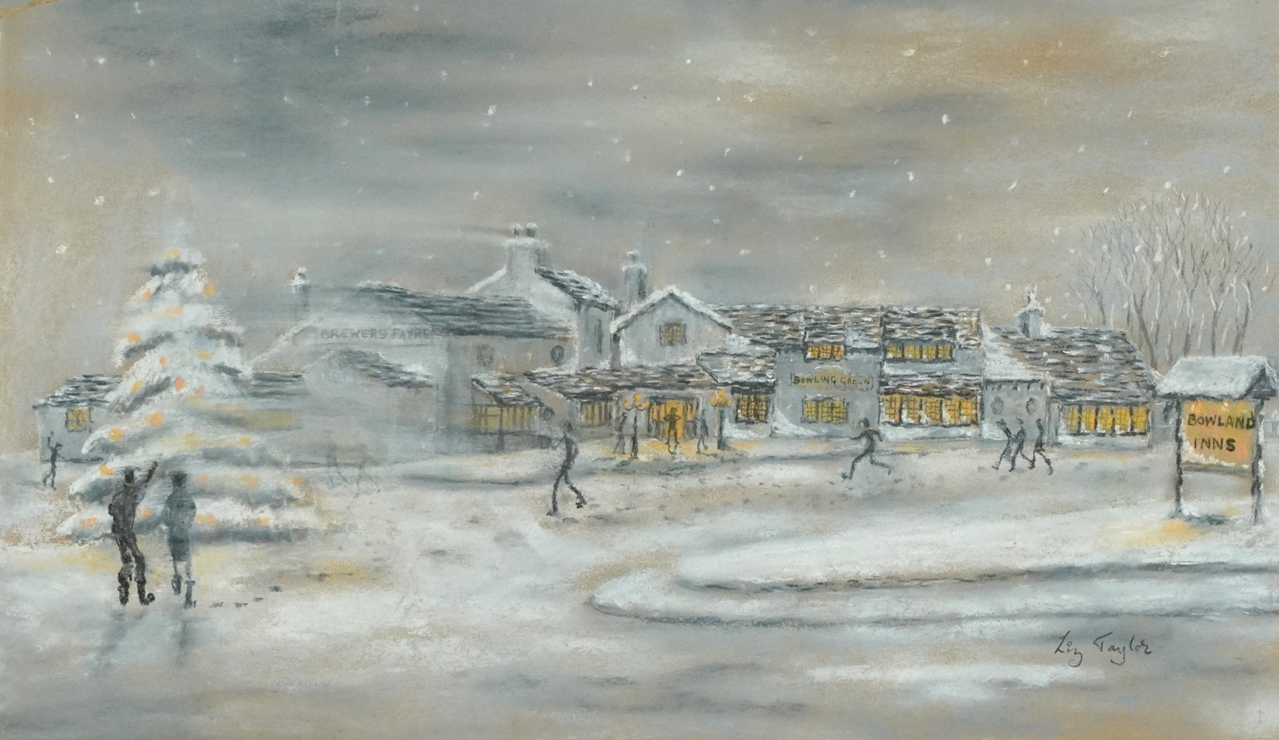 Rural winter pub scene - Laurence Stephen Lowry