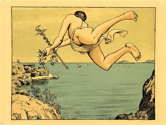 Hans Thoma,  Bernau-1924 Karlsruhe, 2 : Flying Mercury with Caduceus, 1897, hand signed, approx. 35x45cm; Triton and Nereid, 1895, hand signed, approx. 34x44cm by Hans Thoma, 1897