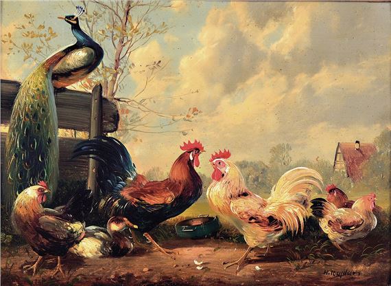 Hubert Kaplan, born in Munich in , roosters, chickens, ducks and peacocks on the farm, , signed lower right, approx. 13x18cm, frame approx. 22x27cm by Hubert Kaplan, 1940