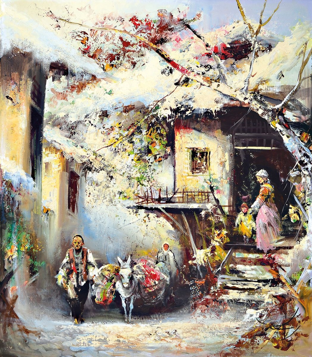 Artwork by Anoush Rahnavardkar, people in front of the house, Made of oil/canvas