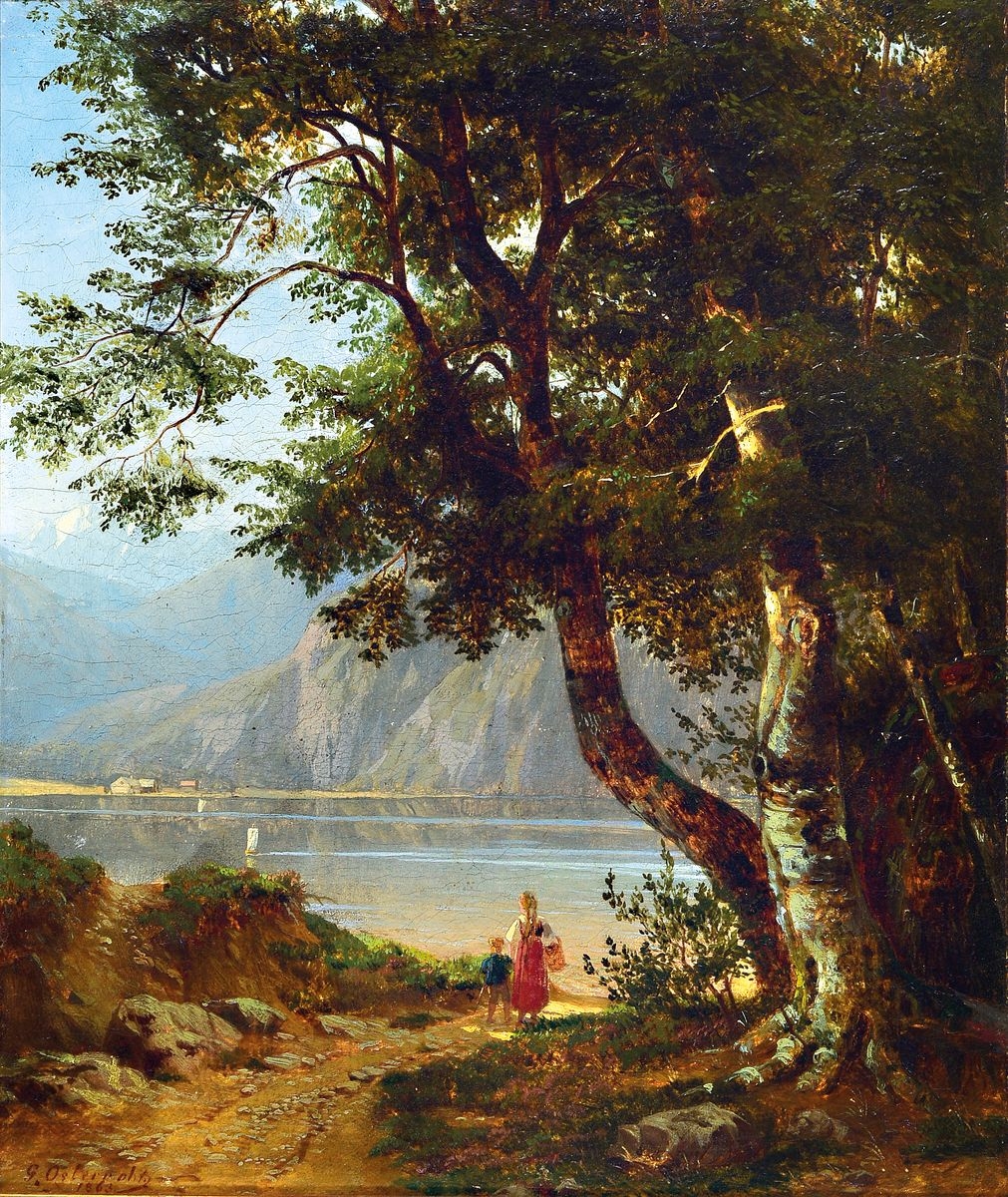 Artwork by Gustav Osterroht, mother with child on the banks of the Königsee under a mighty tree, Made of oil/canvas