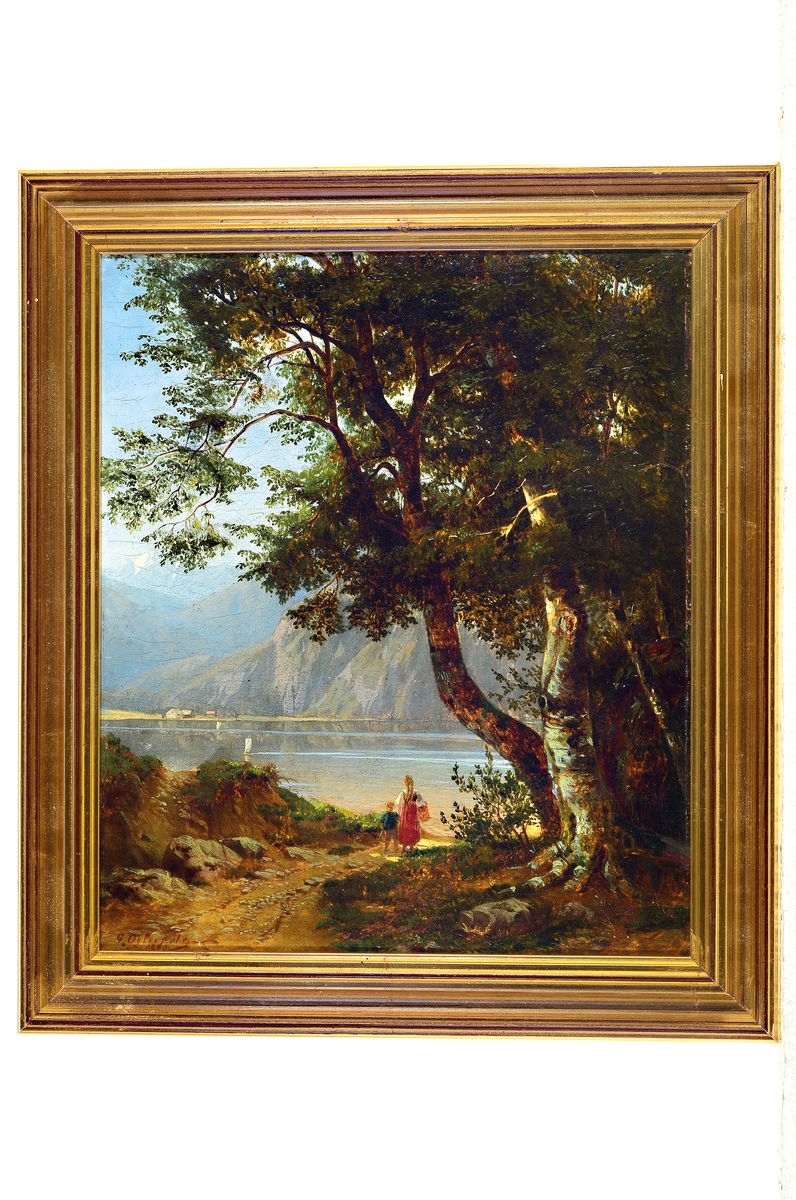 Artwork by Gustav Osterroht, mother with child on the banks of the Königsee under a mighty tree, Made of oil/canvas