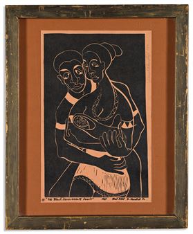 A framed linocut print depicting an intimate embrace of two figures in a bold, high-contrast style.