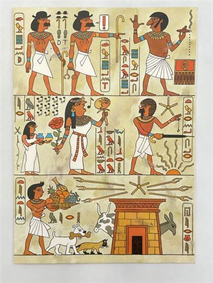 Greetings card (1979). 1 fold-out 8° sheet, with double-page cover illustrated in color with an imitation Egyptian fresco (Valley of the Kings - Tomb of Kih-Oskh). Card signed in black felt-tip by Hergé. Mint condition (BDM, p. 1310, 22,27