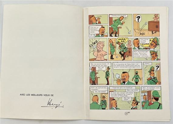 Greetings card (1978). 1 sheet 4° fold-out including the reproduction of the unpublished plate from Tintin et les Picaros (plate 22bis). Card signed in black felt-tip by Hergé: "[With best wishes from] Hergé. Mint condition (BDM 2023-2024, p. 1310, 22,26