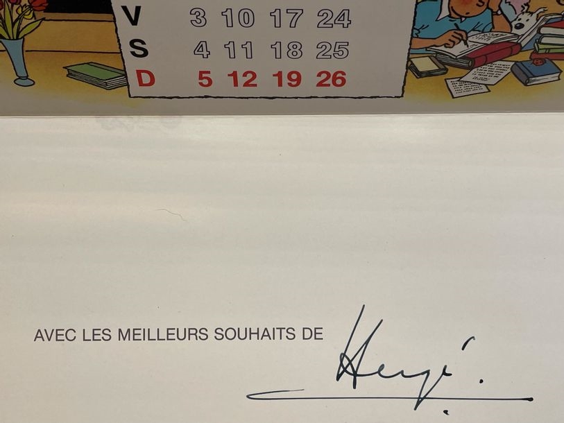 Artwork by Fanny Hergé, Greeting card (1983). Folding calendar card signed in black ink by Hergé. In original envelope. Size (unfolded): 70 x 21 cm. Mint condition (BDM 2023-2024, p. 1310, 22,32, Made of black ink