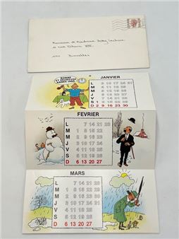 Greeting card (1983). Folding calendar card signed in black ink by Hergé. In original envelope. Size (unfolded): 70 x 21 cm. Mint condition (BDM 2023-2024, p. 1310, 22,32 - Fanny Hergé