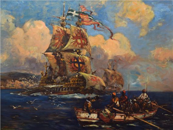 Oil on canvas - Galleon off the coast by Bernard Finegan Gribble, August 1917