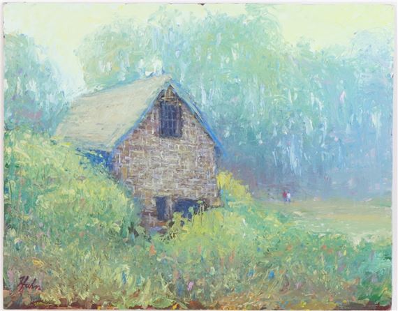 Lush landscape with stone building by David Hahn