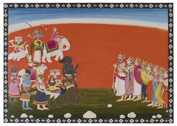 AN ILLUSTRATION FROM A DEVI MAHATMYA SERIES: THE GODS PAYING HOMAGE TO DEVI by Guler School, 19th Century, circa 1840-1850