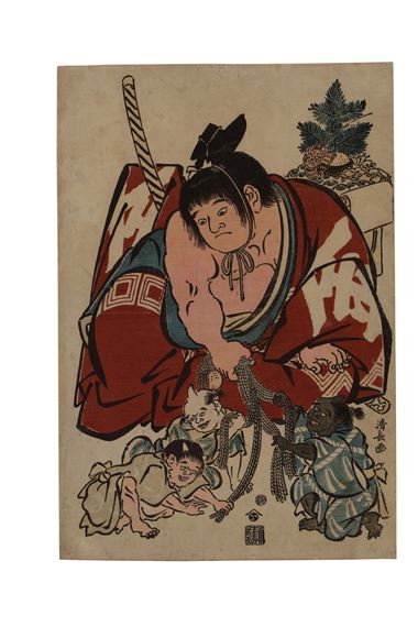 Kintaro makes three demons draw lots in the New Year by Torii Kiyonaga, 1793