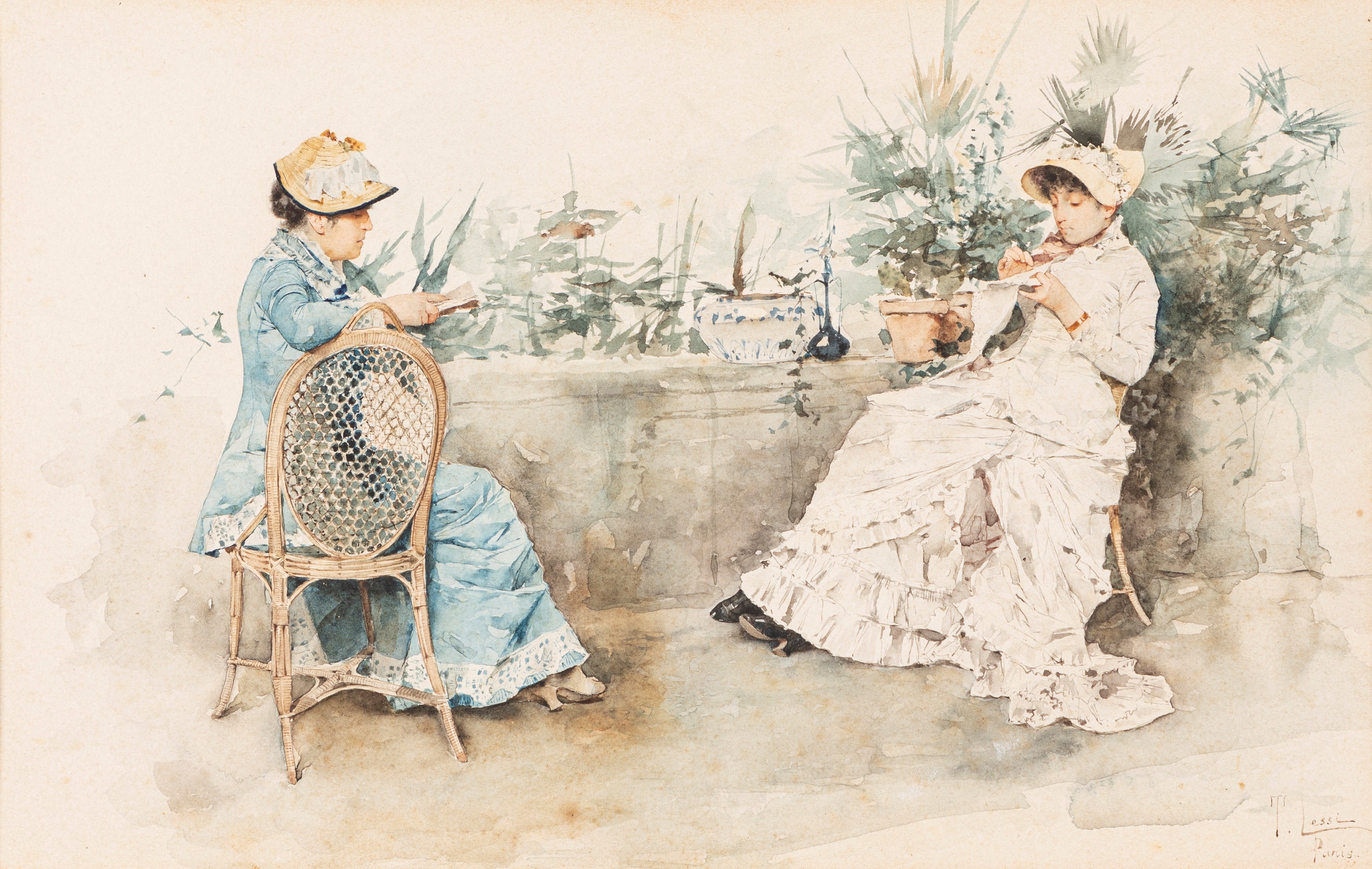 Paris, two women in the garden by Tito Lessi