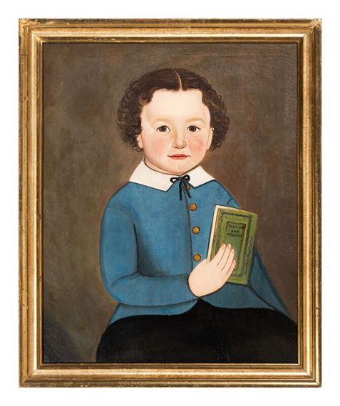 A formal portrait of a young child in blue holding a green book, framed in gold.