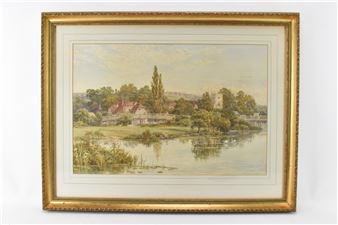 Tom Hunn (1878-1908) - A watercolour depicting a river scene with figures in a boat with bridge - Tom Hunn