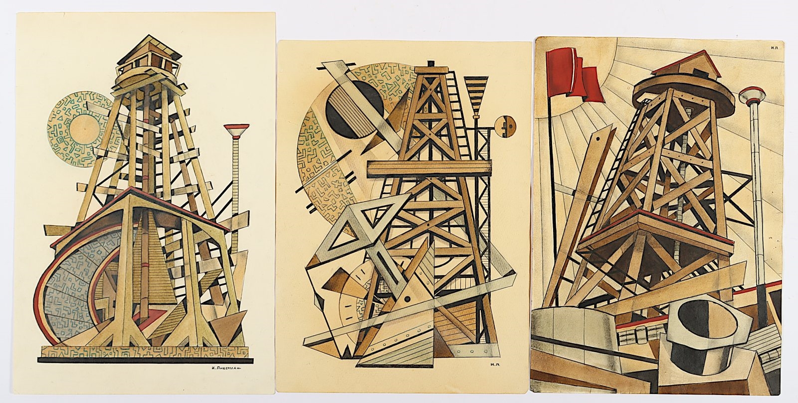Artwork by Ilya Liebermann, "Drei abstrakte Turmkonstruktion, Made of mixed media on paper