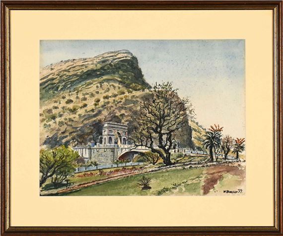 Bridge with Mountain by Fred Bauer, dated 1977