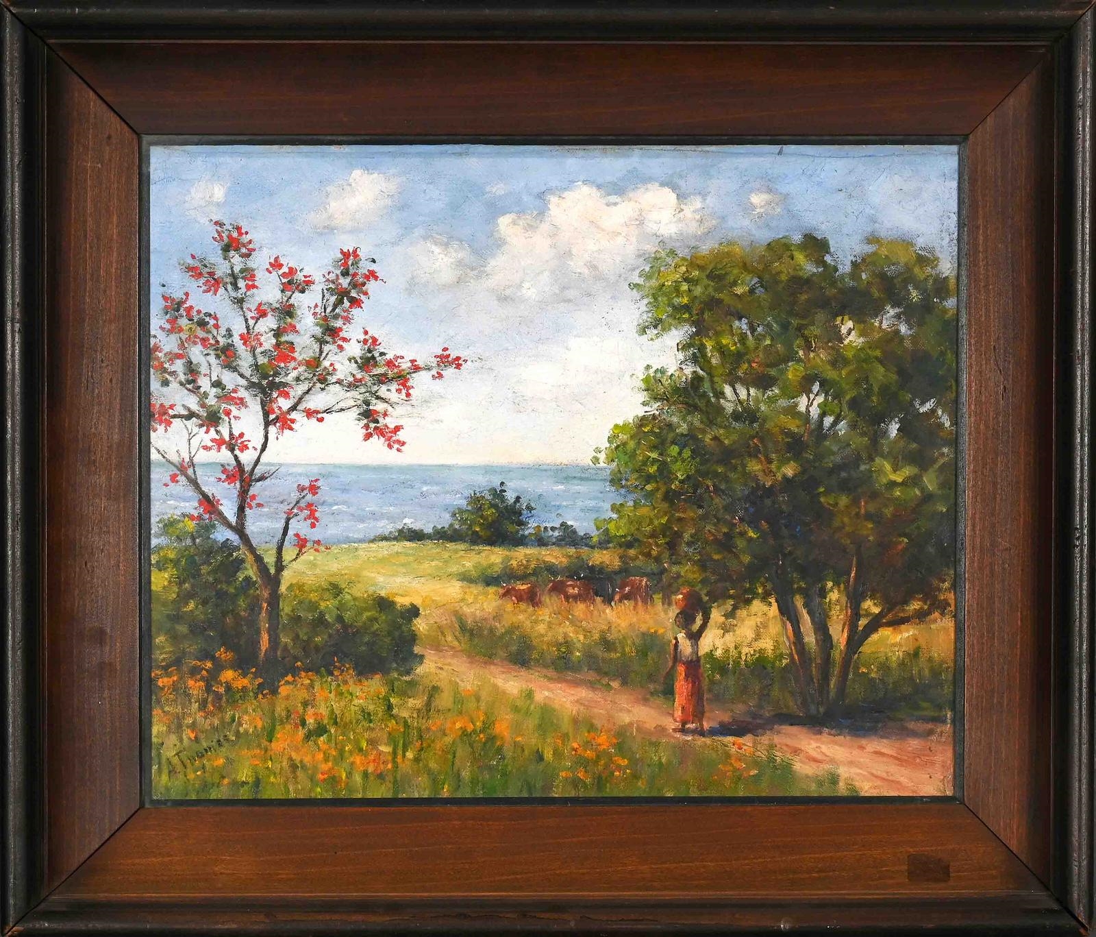 Artwork by A. Thomas, Figure and Cattle on a Seaside Road, Made of oil on canvas mounted on board