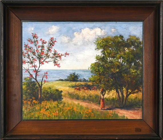 Figure and Cattle on a Seaside Road - A. Thomas