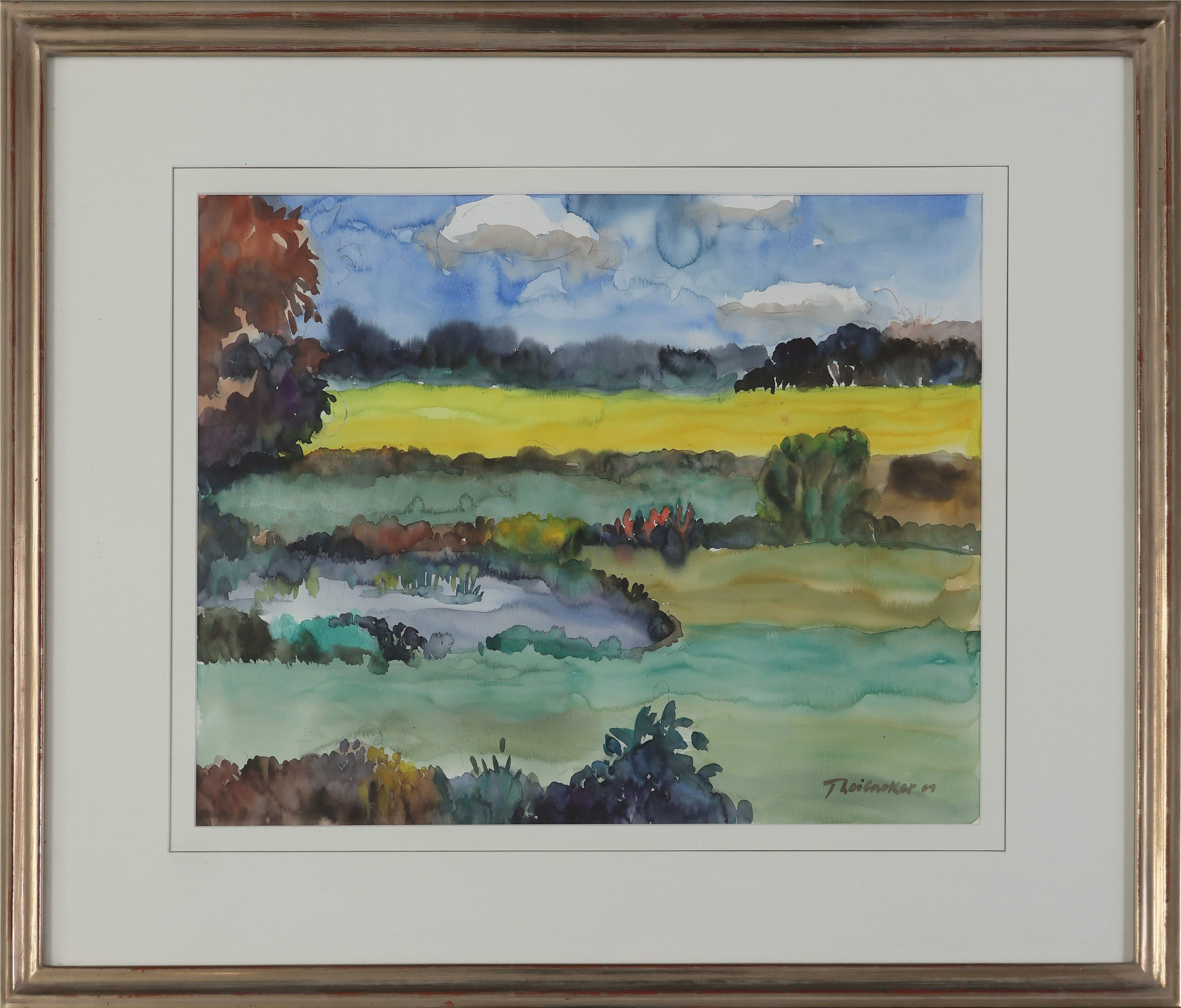 Artwork by Hans Theilacker, "Landschaft mit Rapsfeld", Made of Aquarell und Kohlestift auf Papier