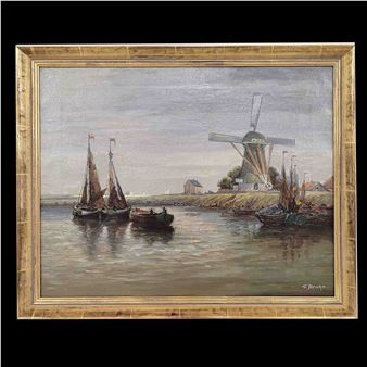 Boote auf einem Kanal mit Windmühle - Anton Joachim Christian Bruhn