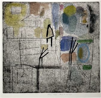 Kleurenets met abstracte compositie getiteld “Tuin” door Henk Tichelaar (1954). Rechtsonder gesigneerd met potlood en gedateerd 1995 - Henk Tichelaar