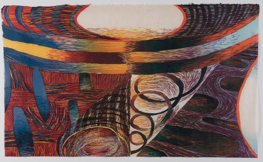 Artwork by Karen Kunc, Whirling World Below, 1989, Made of color woodcut