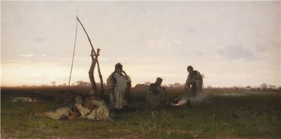 HUNGARIAN FISHERMEN ON THE RIVERBANK; RESTING AT THE CAMPFIRE by Pal Böhm, 1872