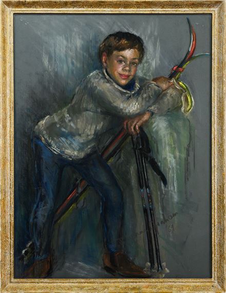 JOSEPHINE GRAHAM (SCOTTISH b. 1930), PORTRAIT OF A BOY WITH SKIS by Josephine Graham, 1969