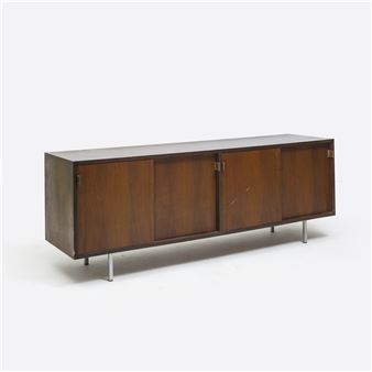 Credenza. Legno di noce, legno esotico, metallo cromato, cuoio. U.S.A. anni '60. - F. Knoll